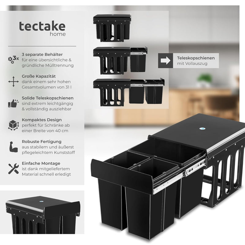 tectake® Abfallsammler, Mülleimer 3 Fächer, Mülltrennsystem Küche, für Schrank, Mülleimer Küche ausz