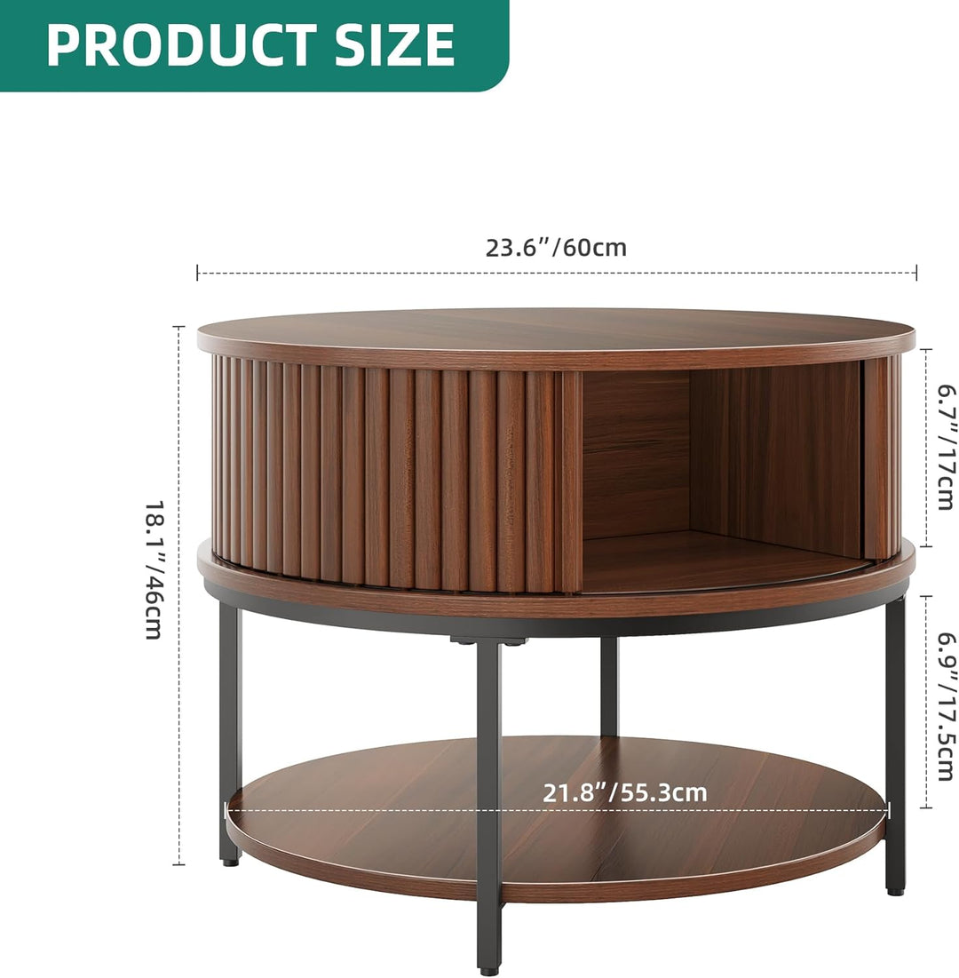 YITAHOME Couchtisch Rund, Couchtisch mit 2-stufigem Stauraum, Couchtische mit Schiebetüren im Tambou