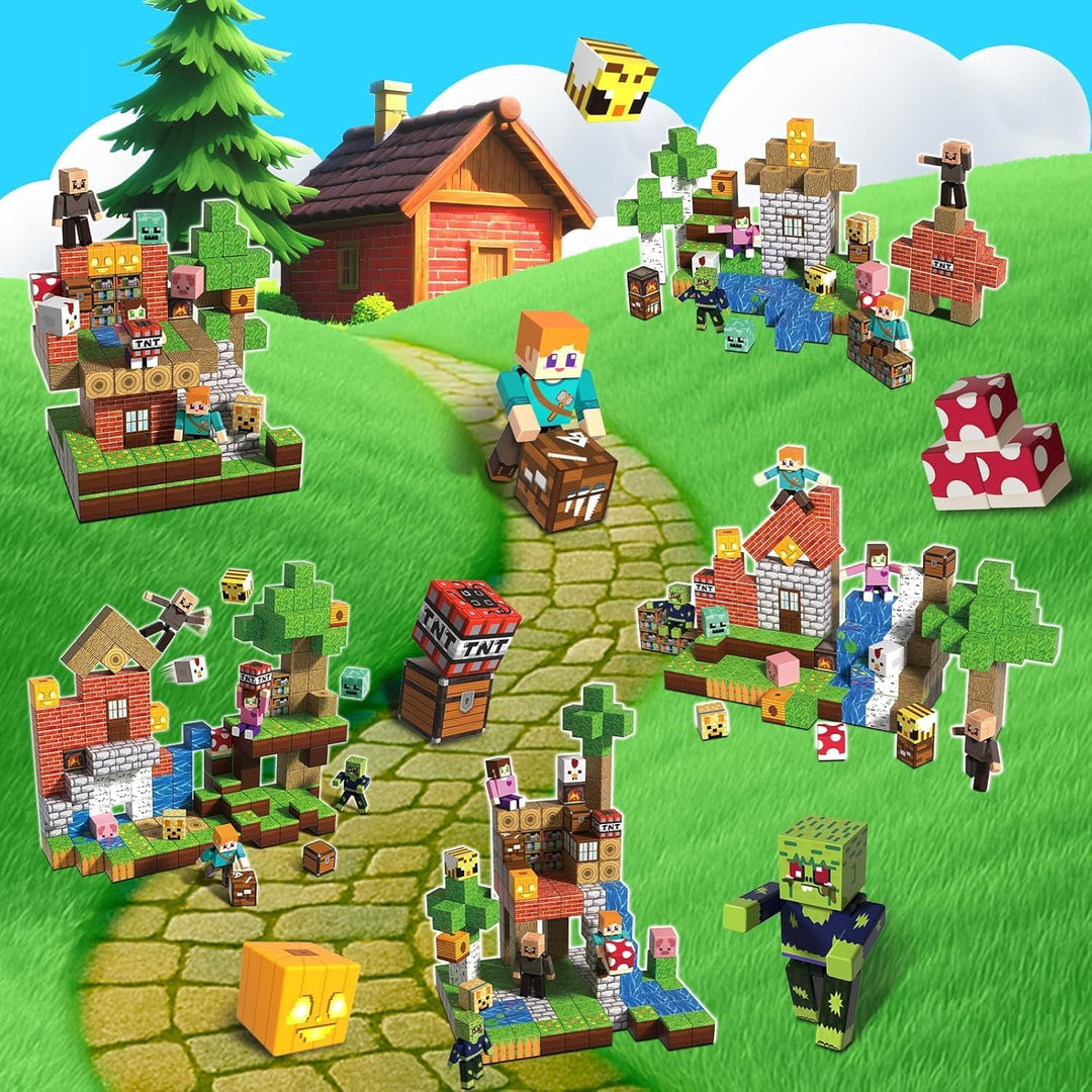 Magnetische Bausteine 164 Stück Magnetbausteine im Magischer Wald Abenteuer Set mit 4 Figuren, Pilzh