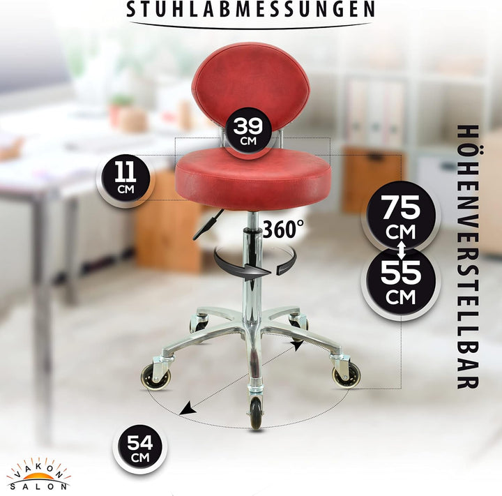 Premium Rollhocker Rot mit ovaler Lehne höhenverstellbar von 55 bis 75 cm - Rundsitz- Drehhocker Arb