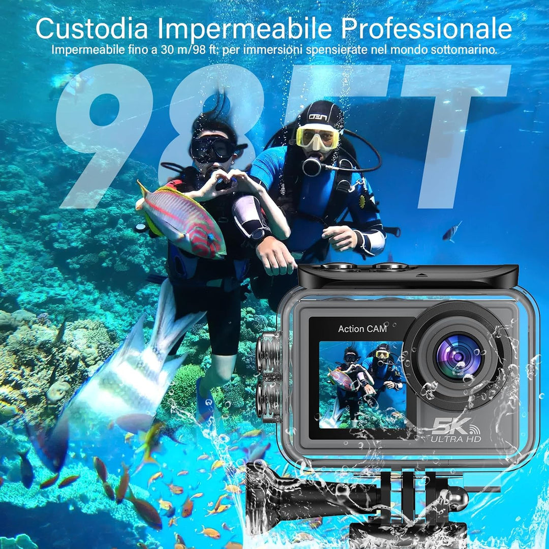Action Cam 5K/4K 60FPS, 50MP Unterwasserkamera 30M wasserdichte Action Kamera mit 64GB SD Karte, EIS