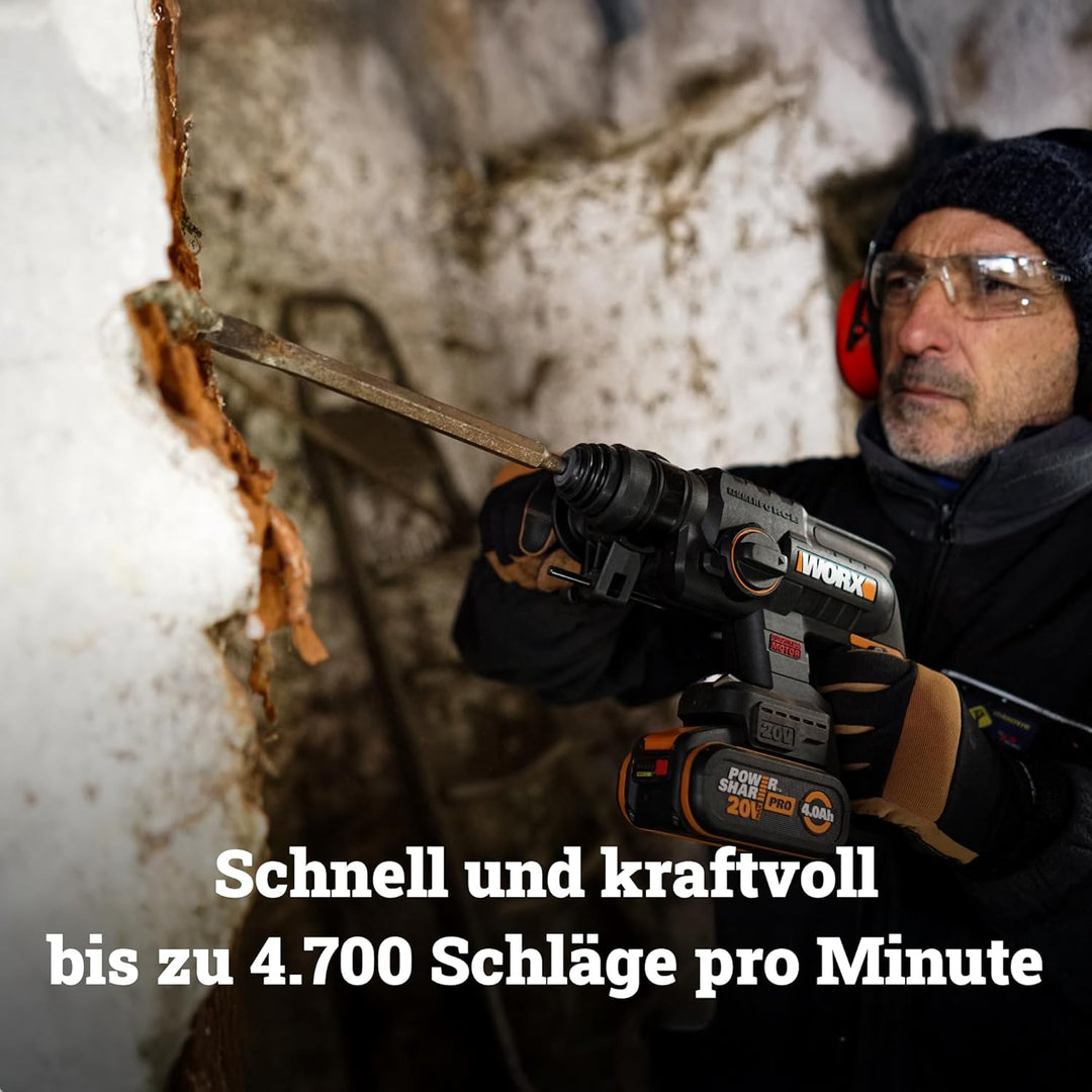 WORX NITRO WX381 Akku Bohrhammer 20V- bürstenloser Motor - multifunktionales Werkzeug zum Bohren, Ha