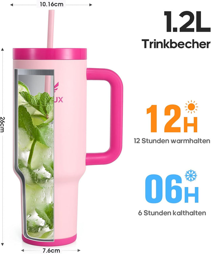 Trinkflasche mit Strohhalm 1.2L - Thermobecher mit Henkel auslaufsicher - Doppelwandige Vakuumisolie