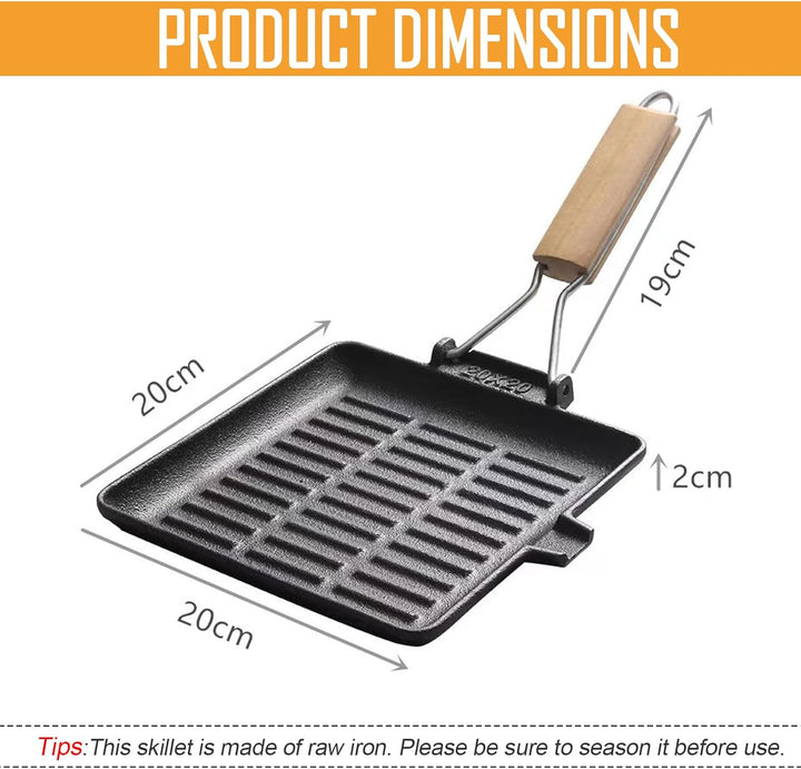 Steakpfanne Gusseisen 20×20 cm Grillpfanne mit Klappbarem Holzgriff Viereckige Grill Pan Induktion F