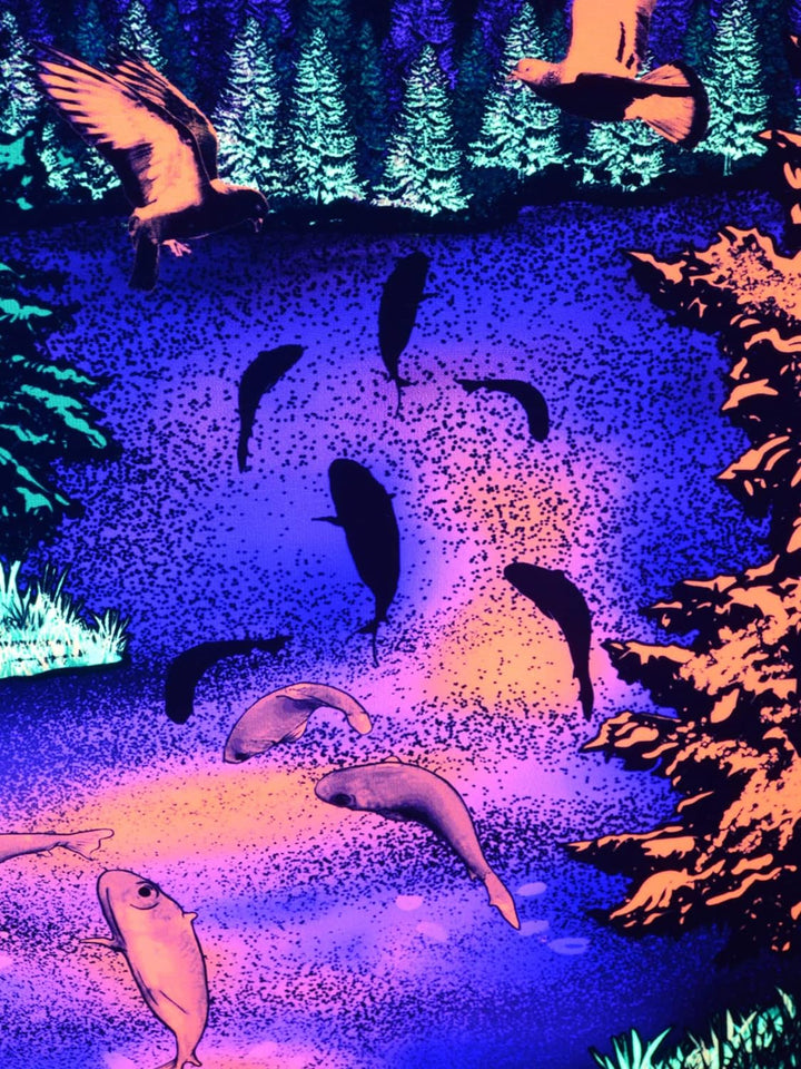 PSYWORK Schwarzlicht Stoffposter Neon | Chromadepth 3D Mountain Lake View | 0,6 x 0,9m | UV-aktiv |