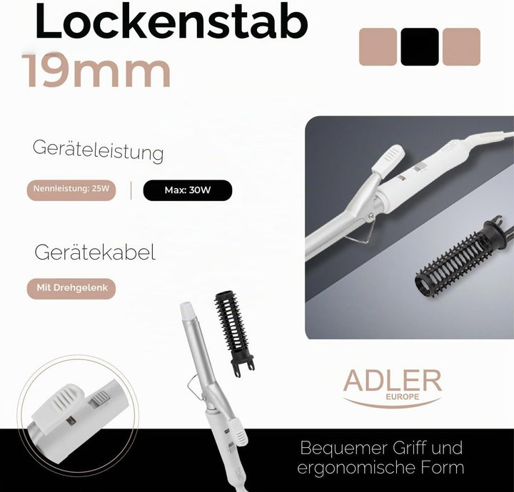 ADLER EUROPE AD 2105 Lockenstab Weiss – Keramik Heizstab mit PTC-System, 25W, einstellbare Bürste, m