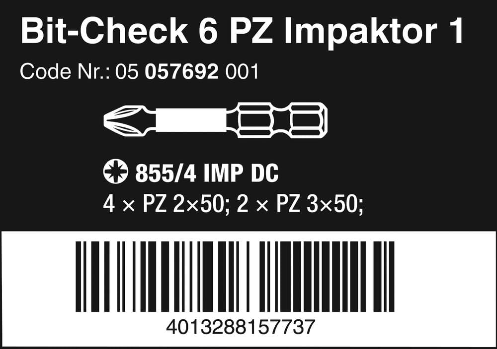 Wera Bit-Sortiment, Bit-Check 6 PZ Impaktor 1, 6-teilig, 05057692001 Bit-Check 6 PZ Impaktor 1 Singl