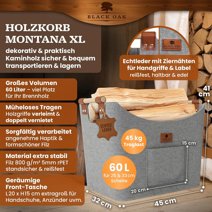 BLACK OAK Montana XL 60L Filzkorb &amp; Holzkorb für Kaminholz - Leder Applikation + rutschfeste Griffe