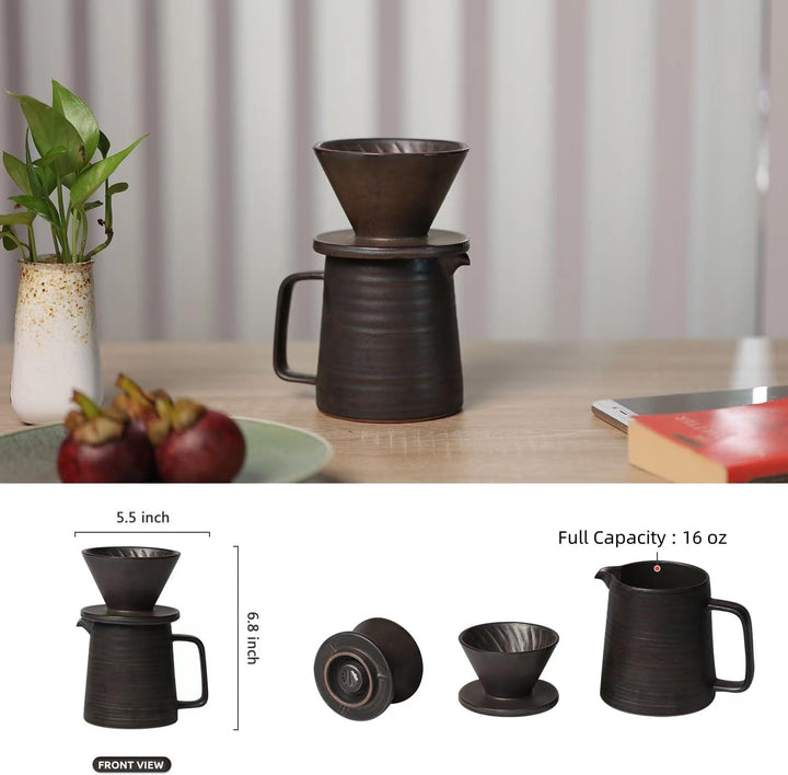 Handgefertigtes Kaffeebereiter-Set aus Steingut, Keramik-Kaffee-Brauer, Hand-Tropfer und Kaffeekanne