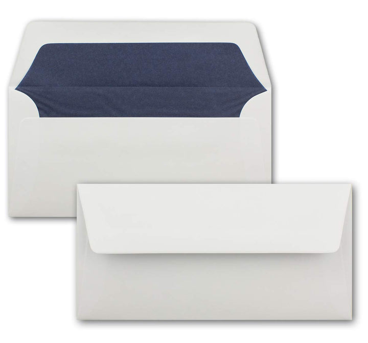 75 Briefumschläge Weiss - DIN Lang - gefüttert mit dunkelblauem Seidenpapier - 22 x 11 cm - Nasskleb