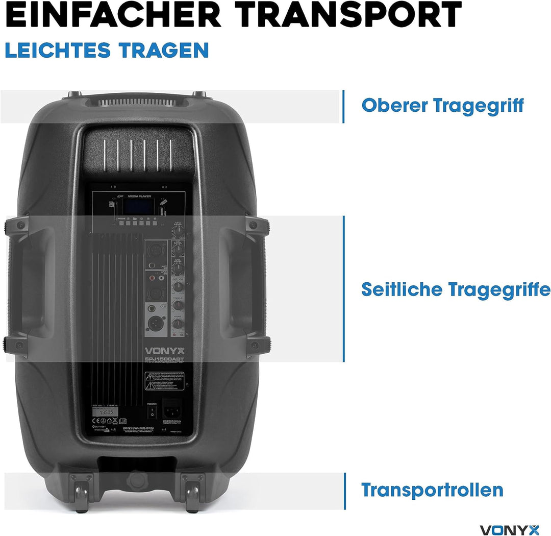 Vonyx SPJ-1500ABT MP3, PA Aktiv Lautsprecher, DJ Box, 800 Watt 15 Zoll High End Aktivpeaker, MP3-Pla