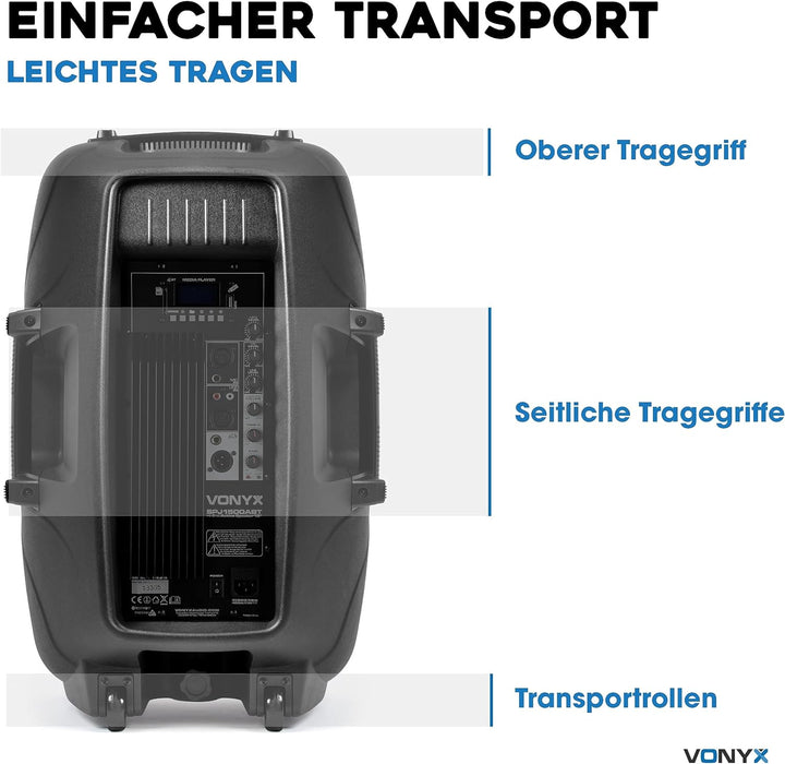 Vonyx SPJ-1500ABT MP3, PA Aktiv Lautsprecher, DJ Box, 800 Watt 15 Zoll High End Aktivpeaker, MP3-Pla