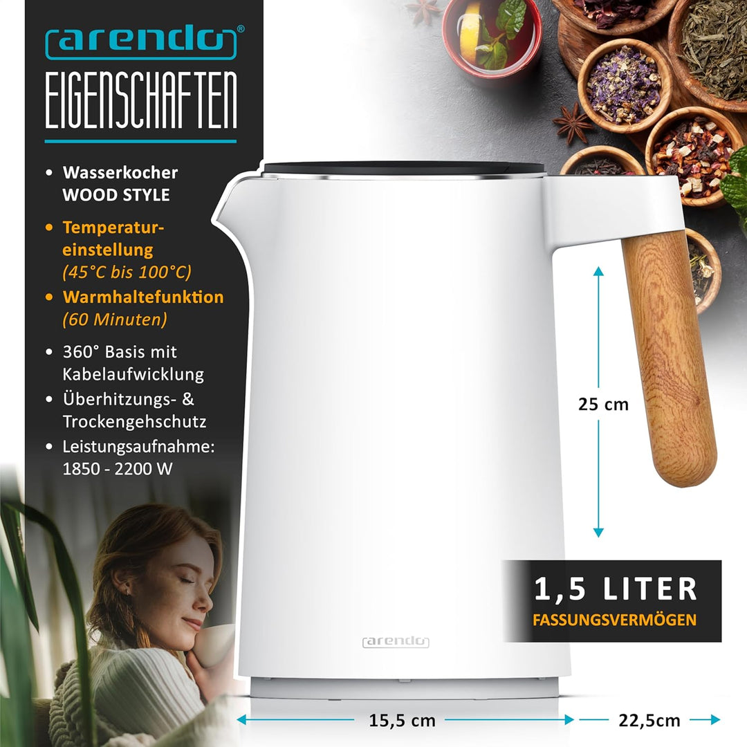 Arendo - Wasserkocher mit Temperatureinstellung - Edelstahl - 45-100 Grad - 1.5 Liter - Doppelwand -
