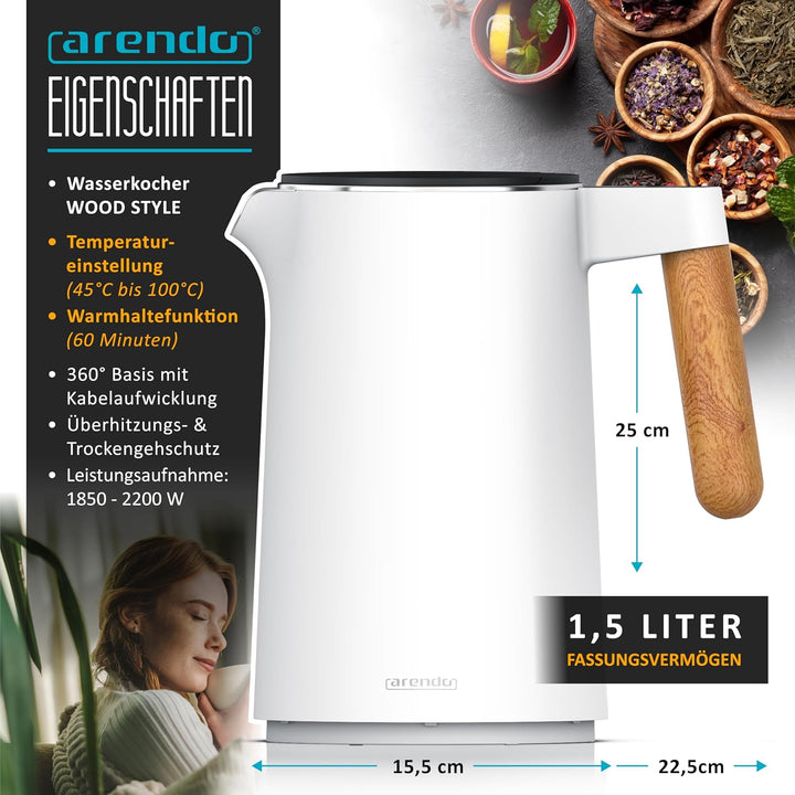 Arendo - Wasserkocher mit Temperatureinstellung - Edelstahl - 45-100 Grad - 1.5 Liter - Doppelwand -