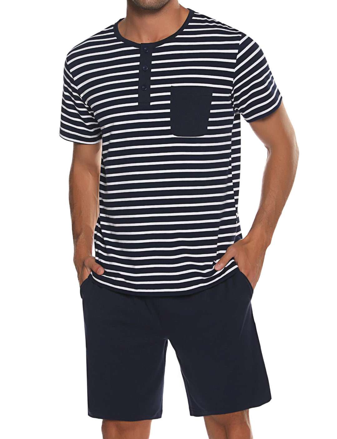 Schlafanzug Herren Kurz aus Baumwolle mit Kontraststreifen Design, Sommer Pyjama Set Oberteile und K
