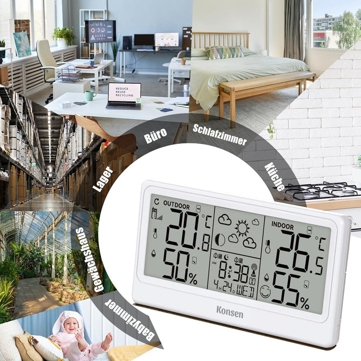 Funk-Wetterstation mit Aussensensor – DCF Funkuhr, Digitales Thermo-Hygrometer (Batteriebetrieb) für