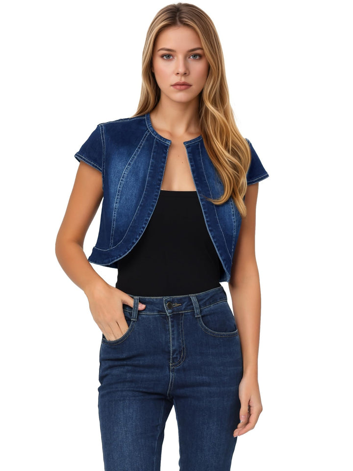 Allegra K Damen Kurz Jeansjacke Bolero Kurzarm Flügelärmeln Elegant Crop Denim Jacke XL Dunkel Blau,