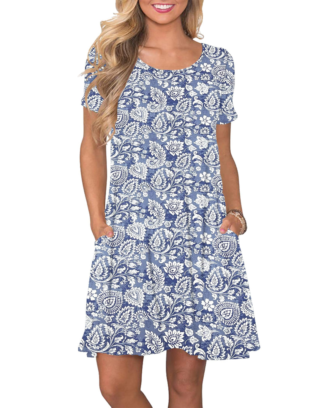 AUSELILY Damen Kleider Sommer Kurzarm Shirtkleider Kurz Sommerkleider Leicht Freizeitkleid mit Tasch