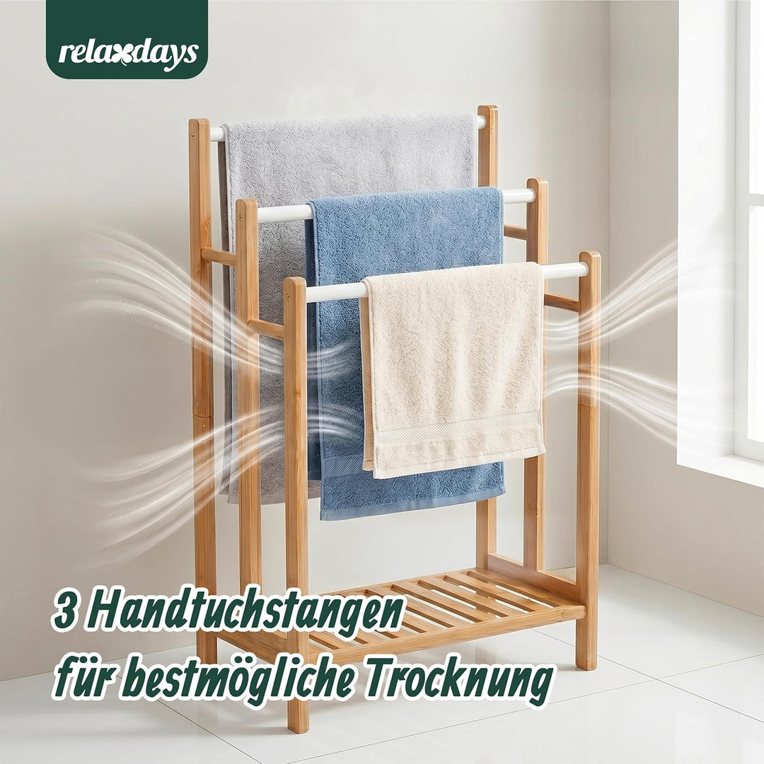 Relaxdays Handtuchhalter, mit 3 Stangen &amp; Ablage, HBT: 86x46x24 cm, für Hand- &amp; Badetücher, Bambus &amp;