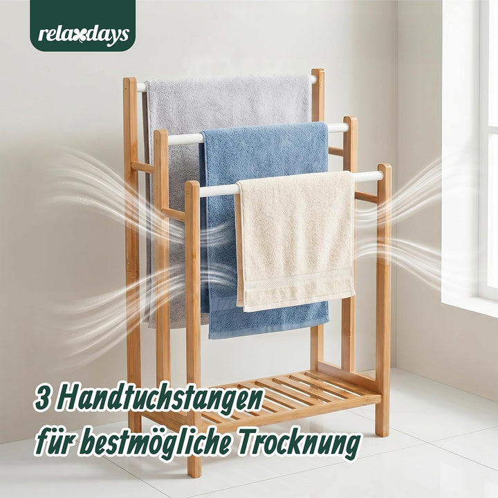Relaxdays Handtuchhalter, mit 3 Stangen &amp; Ablage, HBT: 86x46x24 cm, für Hand- &amp; Badetücher, Bambus &amp;