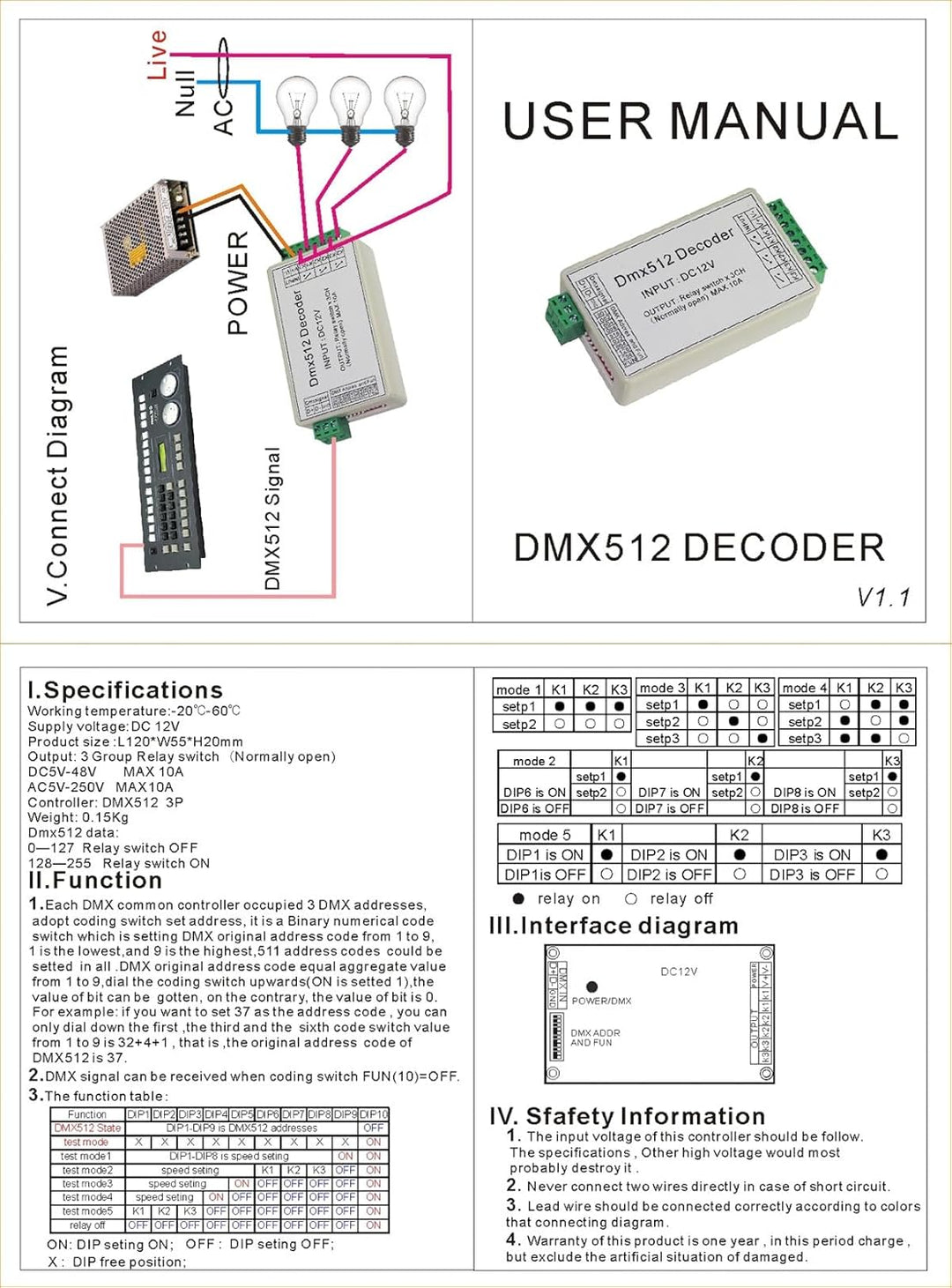 3 Channel 5A DMX512 Decoder Controller Relay Switch Kit DIY Converter DMX Dimmer Relay With Protecti