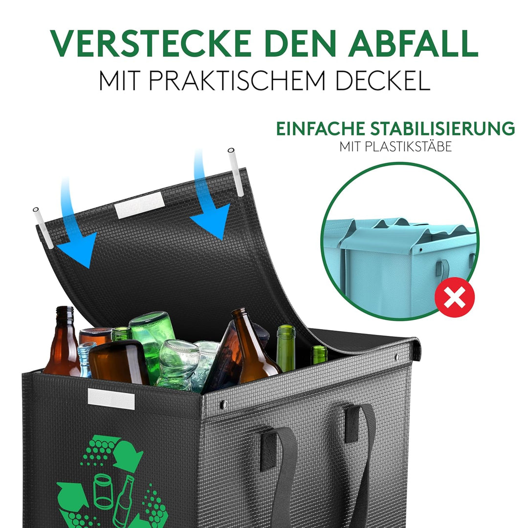 PTMS® Mülleimer 3 Fächer inkl. DECKEL - Mülltrennsystem Taschen für Papier, Glas & Plastik - Recycli