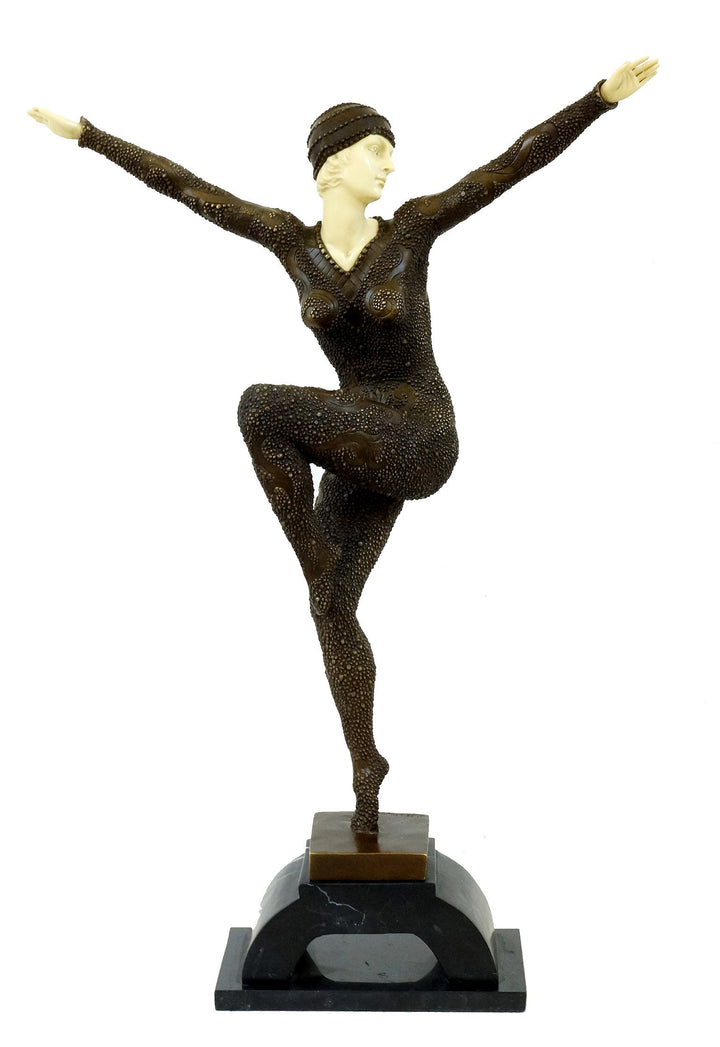 Kunst & Ambiente - Grosse Art Deco Skulptur - XXL Tänzerin auf Marmorsockel Figur - D. H. Chiparus s