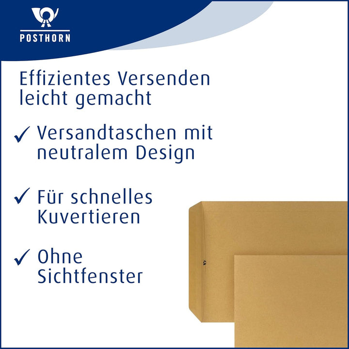 POSTHORN Versandtasche C4 (250 Stück), nassklebende Versandtaschen ohne Fenster, braune Versandtasch