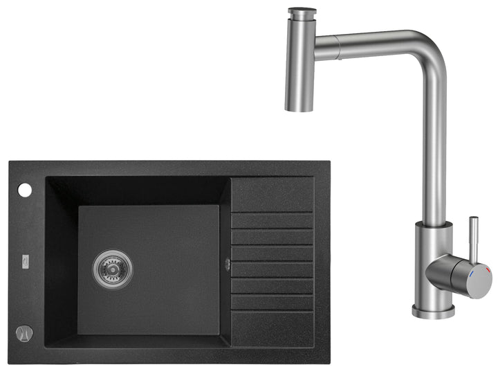 VBChome Spülbecken mit Armatur 78 x 50 cm Schwarz Granit Einzelbecken Einbauspüle gesprenkelt revers