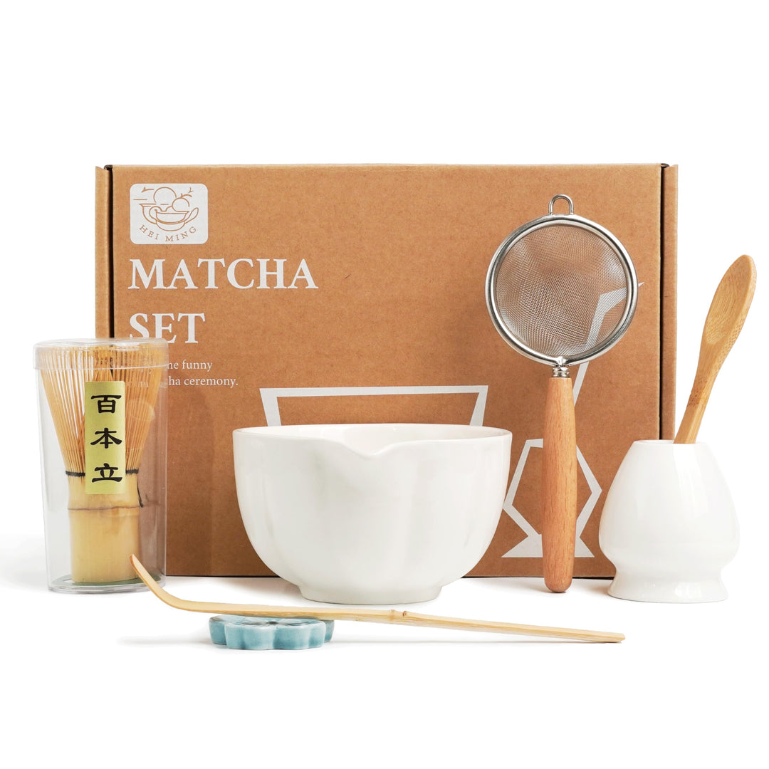 Premium Matcha Set 7-teilig – Exklusives Teezeremonie-Set mit Bambus-Chasen (Besen),Weiss Keramik-Sc