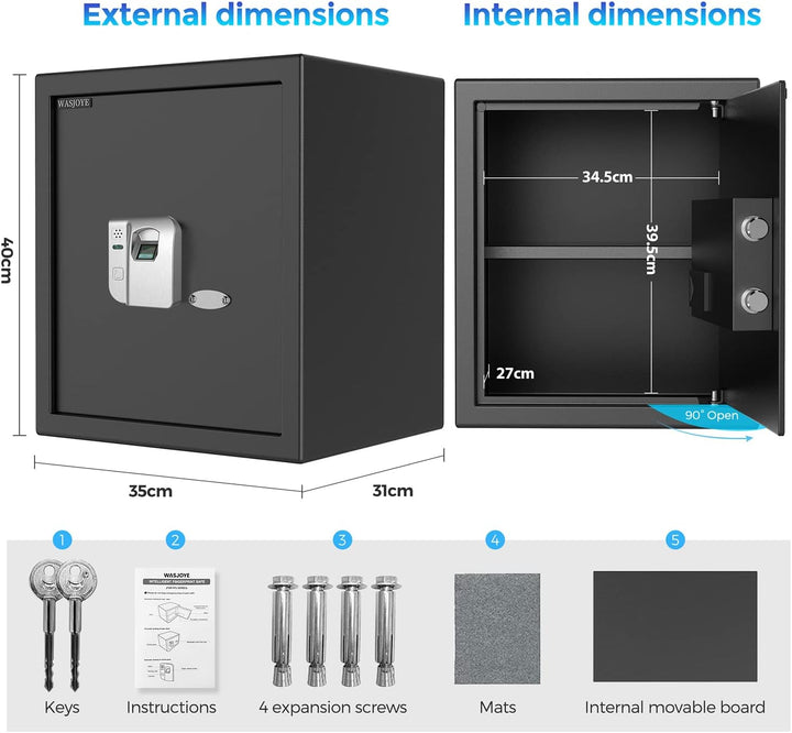 WASJOYE 38.08L Fingerabdruck Tresor Safe, Gross Tresor mit Zahlenschloss, Biometrischer Möbeltresore