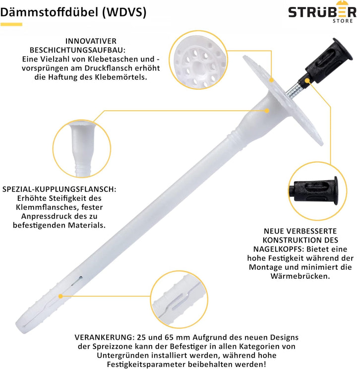 WDVS SET (Ø10x260mm Dämmstoffdübel mit Kunststoffnagel 200St + Grau Styropor Rondelle 200St + Styrop