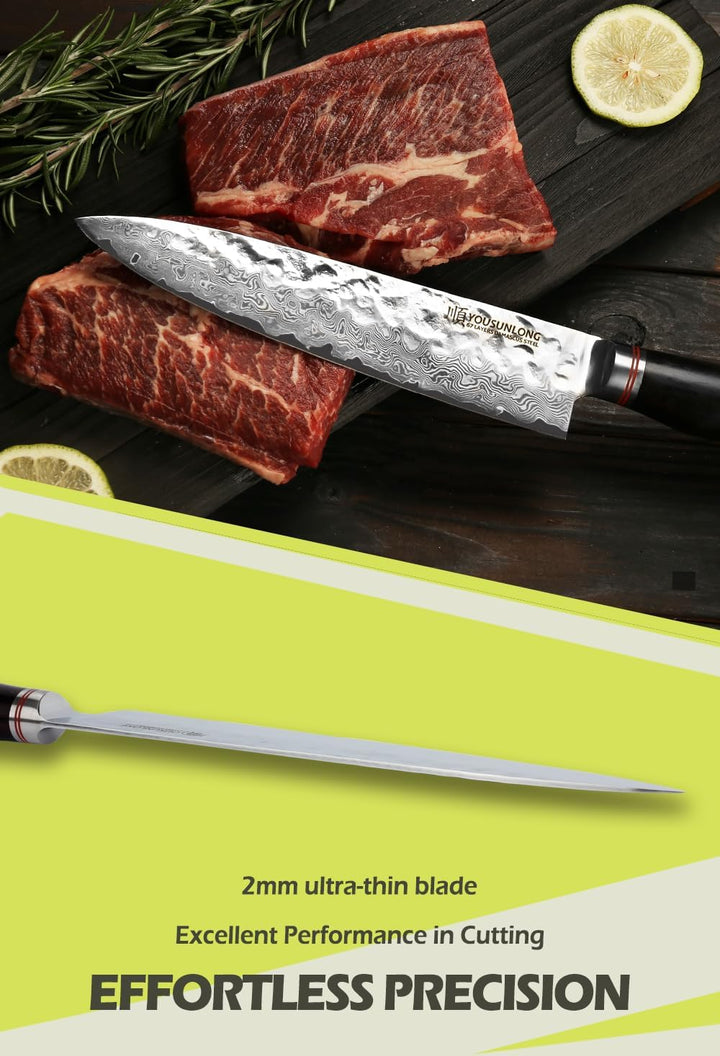 YOUSUNLONG Kochmesser 8 Zoll Gyuto Japanisch Gehämmerter Damaststahl Natur Bleiholzgriff mit Ledersc