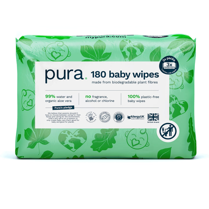 Pura Öko-Feuchttücher für empfindliche Babyhaut, 180 Tücher (3 x 60 Tücher), Monatsbox, 99% Wasser,