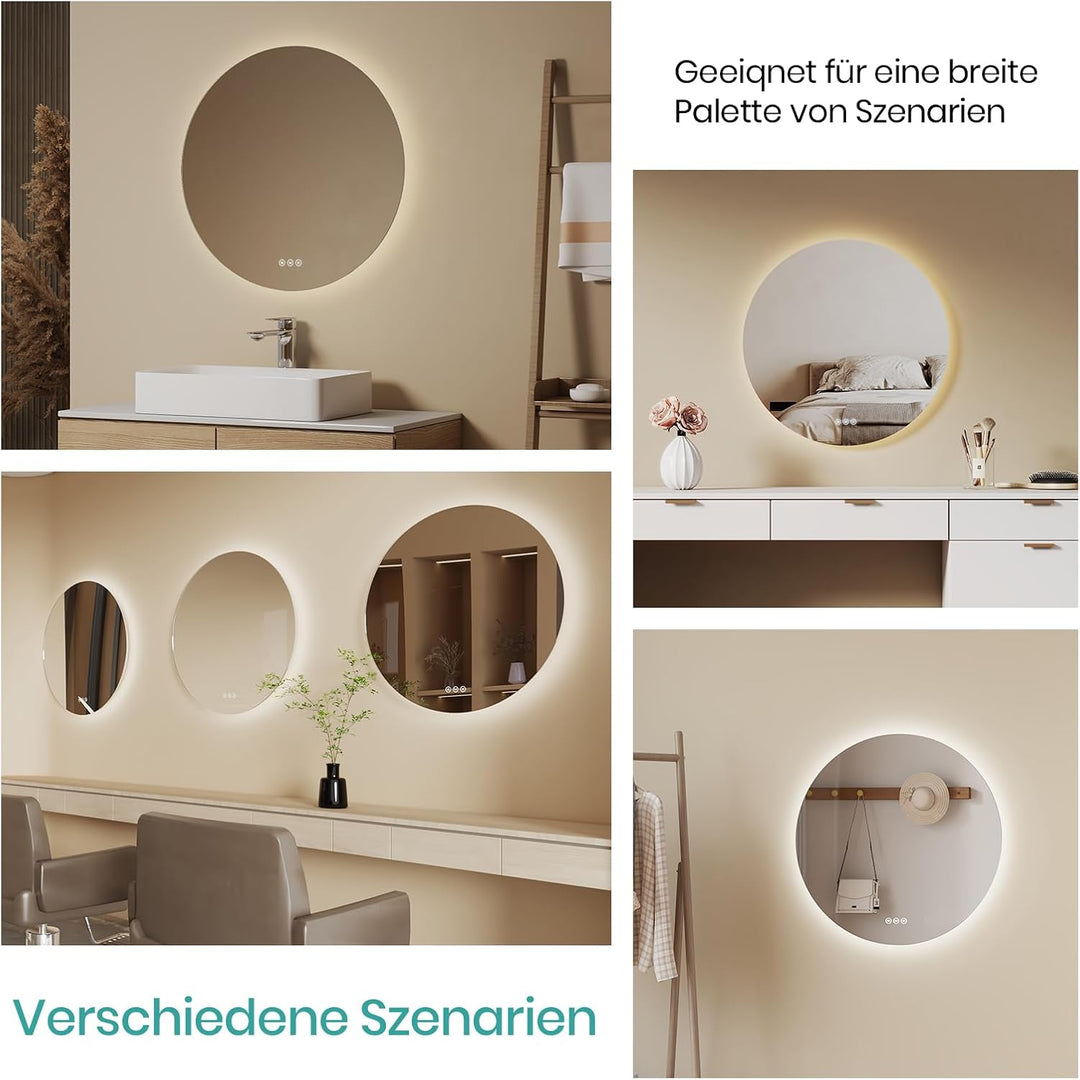 EMKE Runder LED Badspiegel mit Beleuchtung – Badezimmerspiegel 80 cm, 3 Lichtfarben (Warmweiss/Neutr