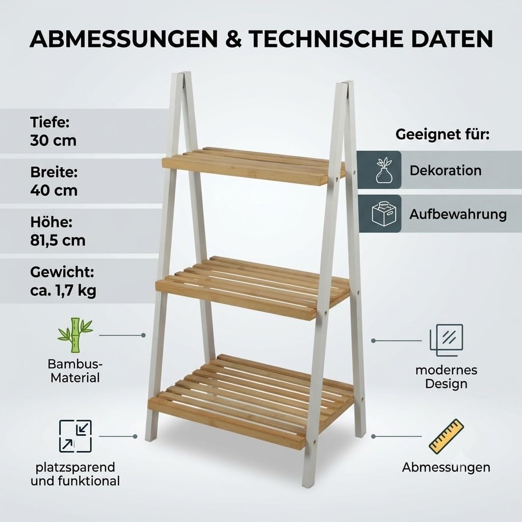 Generisch Badregal Bambus mit 3 Ablagen - Standregal Pyramide aus natürlichem Holz Leiterregal Stufe