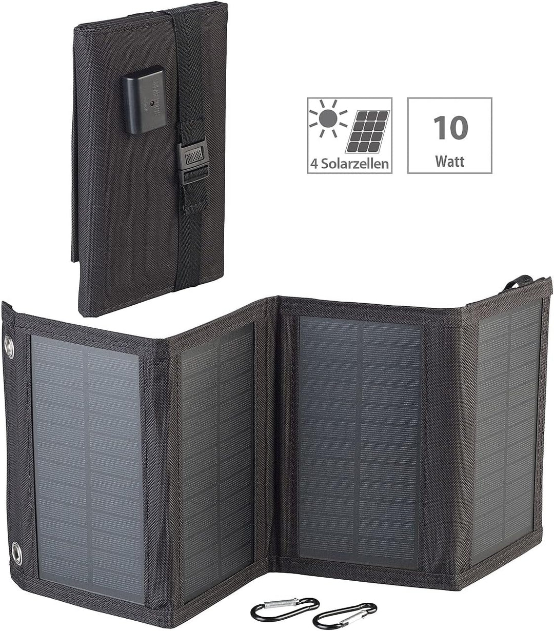revolt Solar Ladegerät: Mobiles 10-Watt-Falt-Solarpanel mit USB-Ausgang, 5 V, 2 A, IP65 (Solarpanel