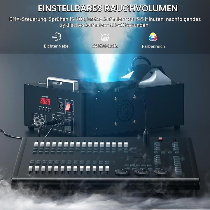 24 LED Nebelmaschine mit Lichteffekt, 1800W Rauchmaschinen Bühneneffekt RGBW Fog Machine mit Fernbed