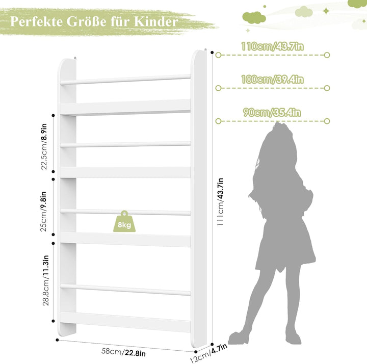 FOREHILL Bücherregal Kinder, Wandregal mit 4 Ablagen, Kinderregal für Bücher Spielzeug, Hängeregal D