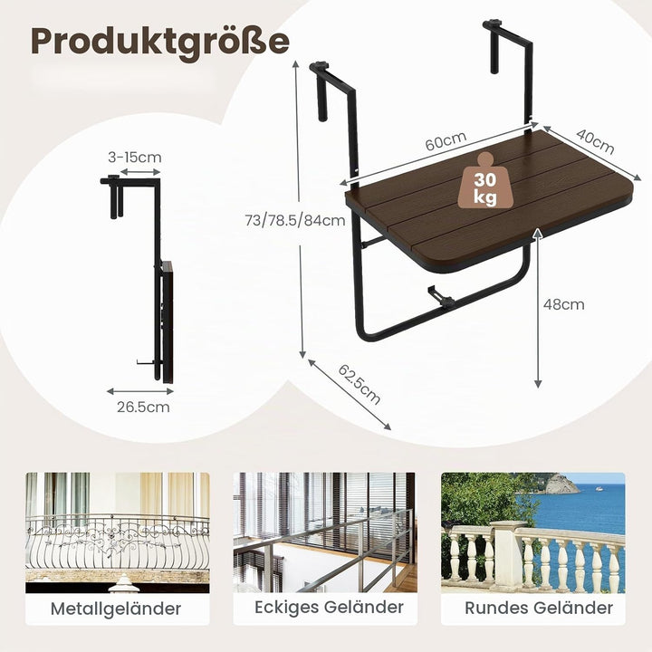 GIANTEX Balkontisch klappbar hängend, Hängetisch Klapptisch Balkon zum Einhängen, Balkonhängetisch i