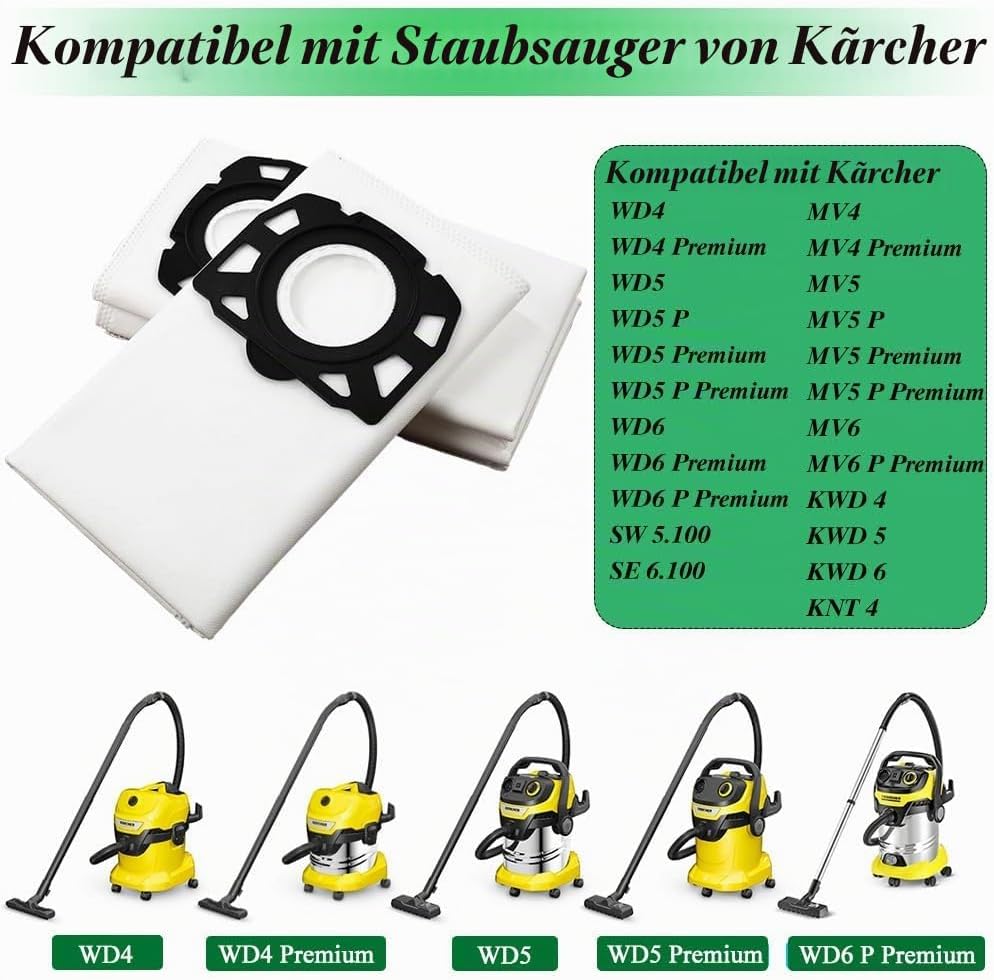 Ruucy 10 Staubsaugerbeutel für Kärcher WD5 WD4 WD6 MV4 MV5 MV6, Schmutzfangsack und Flachfaltenfilte
