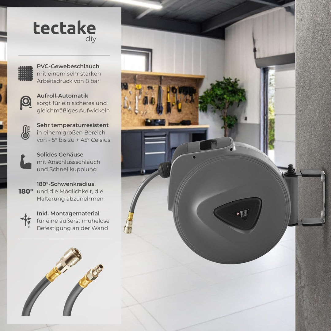 tectake 800801 Druckluftschlauch Aufroller mit ¼ Zoll Schnellkupplung, Aufroll-Automatik mit Schlauc