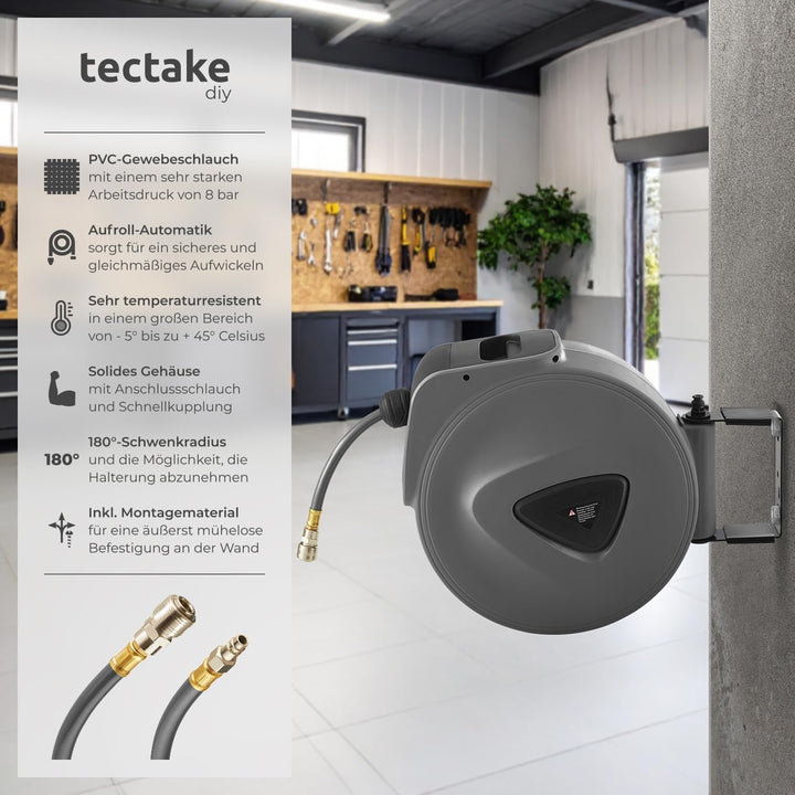 tectake 800801 Druckluftschlauch Aufroller mit ¼ Zoll Schnellkupplung, Aufroll-Automatik mit Schlauc