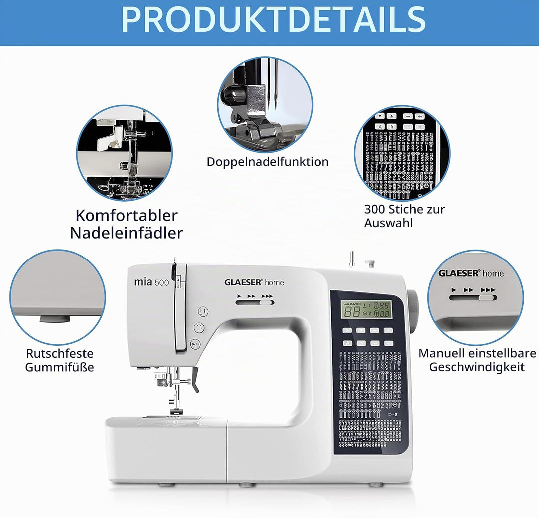 GLAESER Digitale Nähmaschine Home mia 500 300 Stich-Varianten Doppelnadel LED Display Einklappbarer