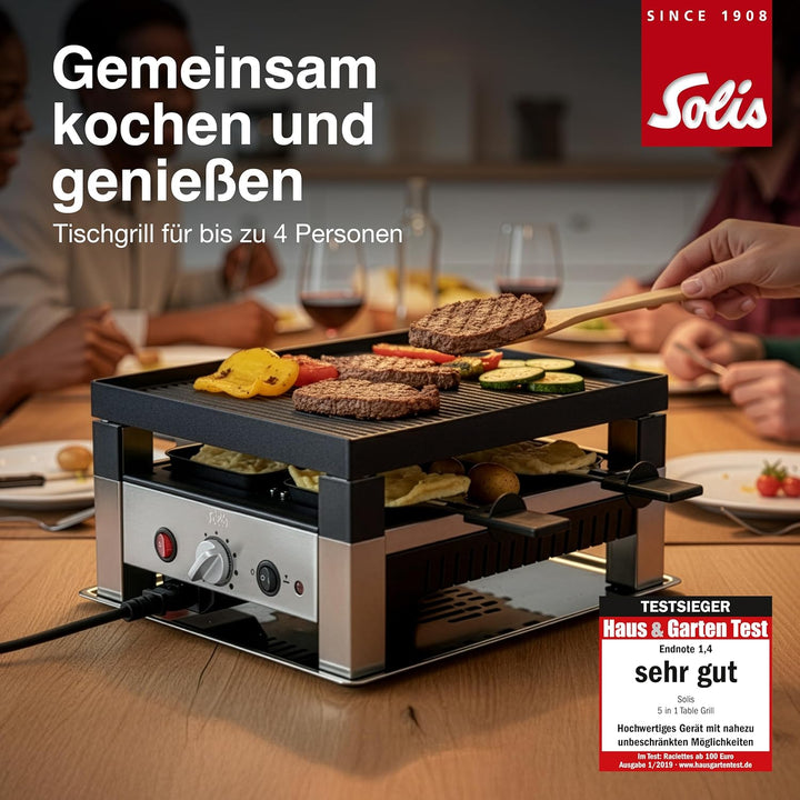Solis Tischgrill 5 in 1 Table Grill for 4 7910 - Raclette + Grill + Wok + Pizza Grill + Crêpes - Rac
