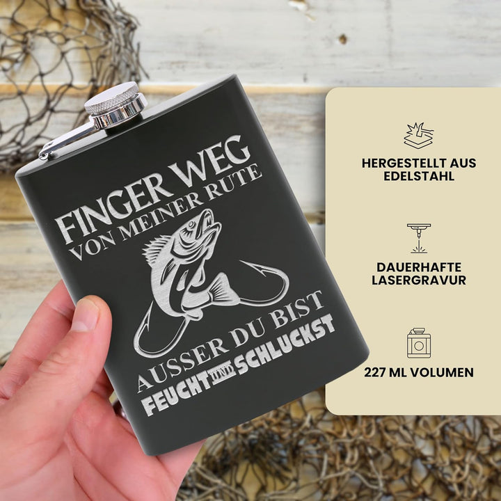 Flanacom Flachmann aus Edelstahl 227 ml (8oz) – Angeln & Fischer Design – inkl. Trichter – Auslaufsi