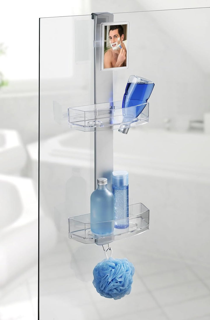WENKO Duschcaddy Premium, Duschregal mit Antibeschlagspiegel, 2 Ablagen & Edelstahlhaken, einfaches