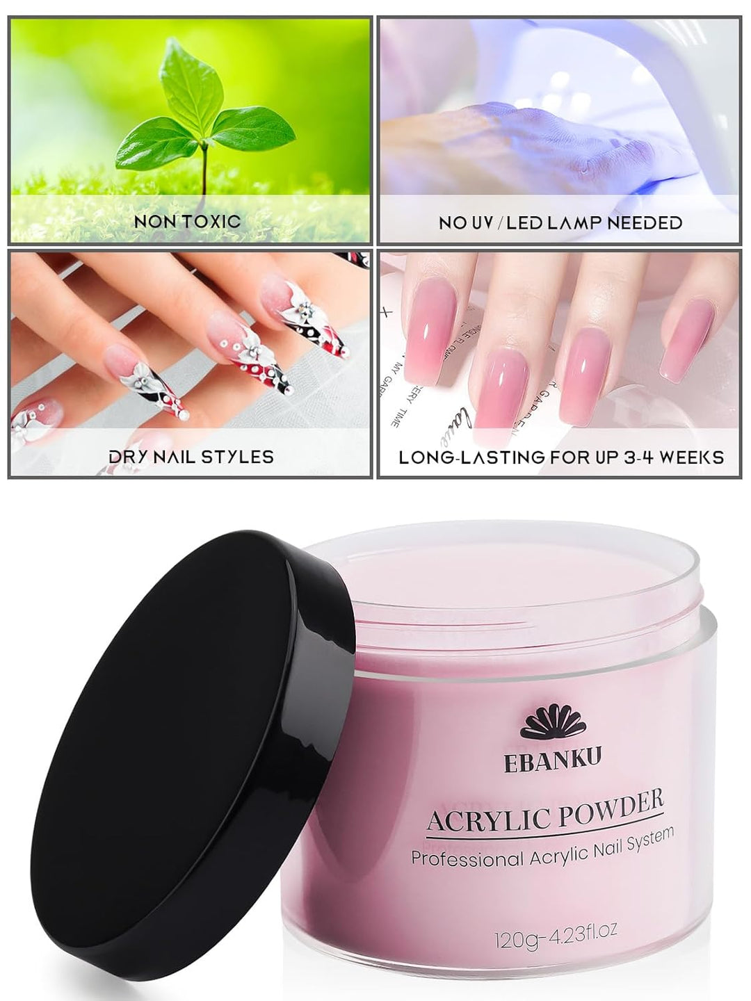 EBANKU Acrylpulver Set 480G, 4 Farben Acrylnagelpulver Professionelles Acrylpulver für Nagelacrylver