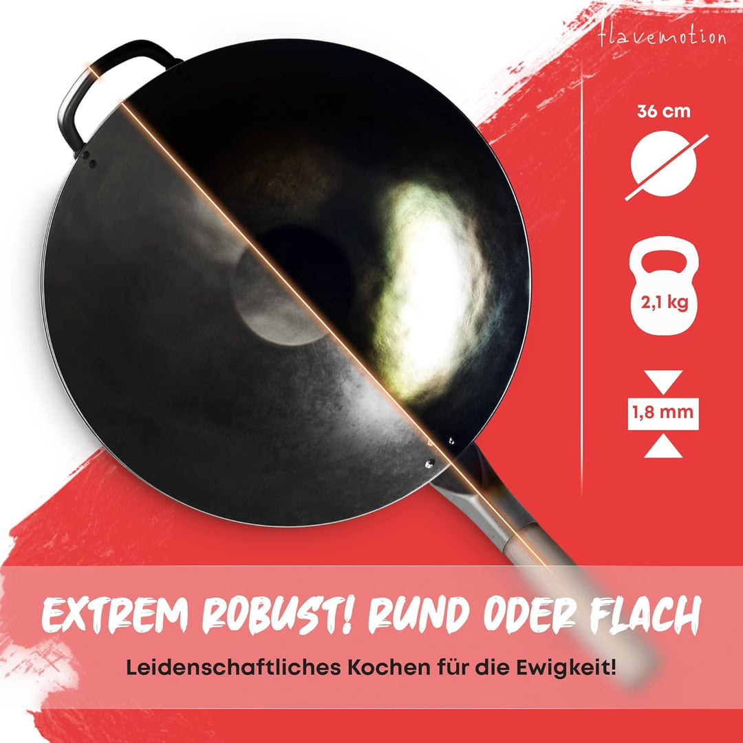 Flavemotion Wok mit Wokring für Induktion, E-Herd (Flacher Boden, 36 cm gross) VOREINGEBRANNT handge