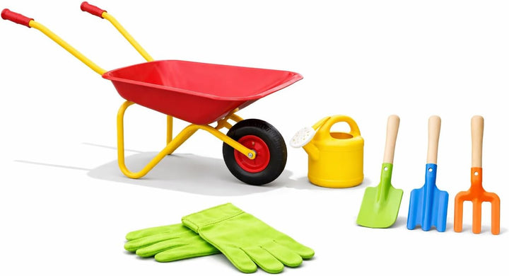 Kinder Schubkarren Set 7-Teile Metall &amp; Holz Gartenspielzeug mit Schubkarre, Schaufel, Harke, Forke,